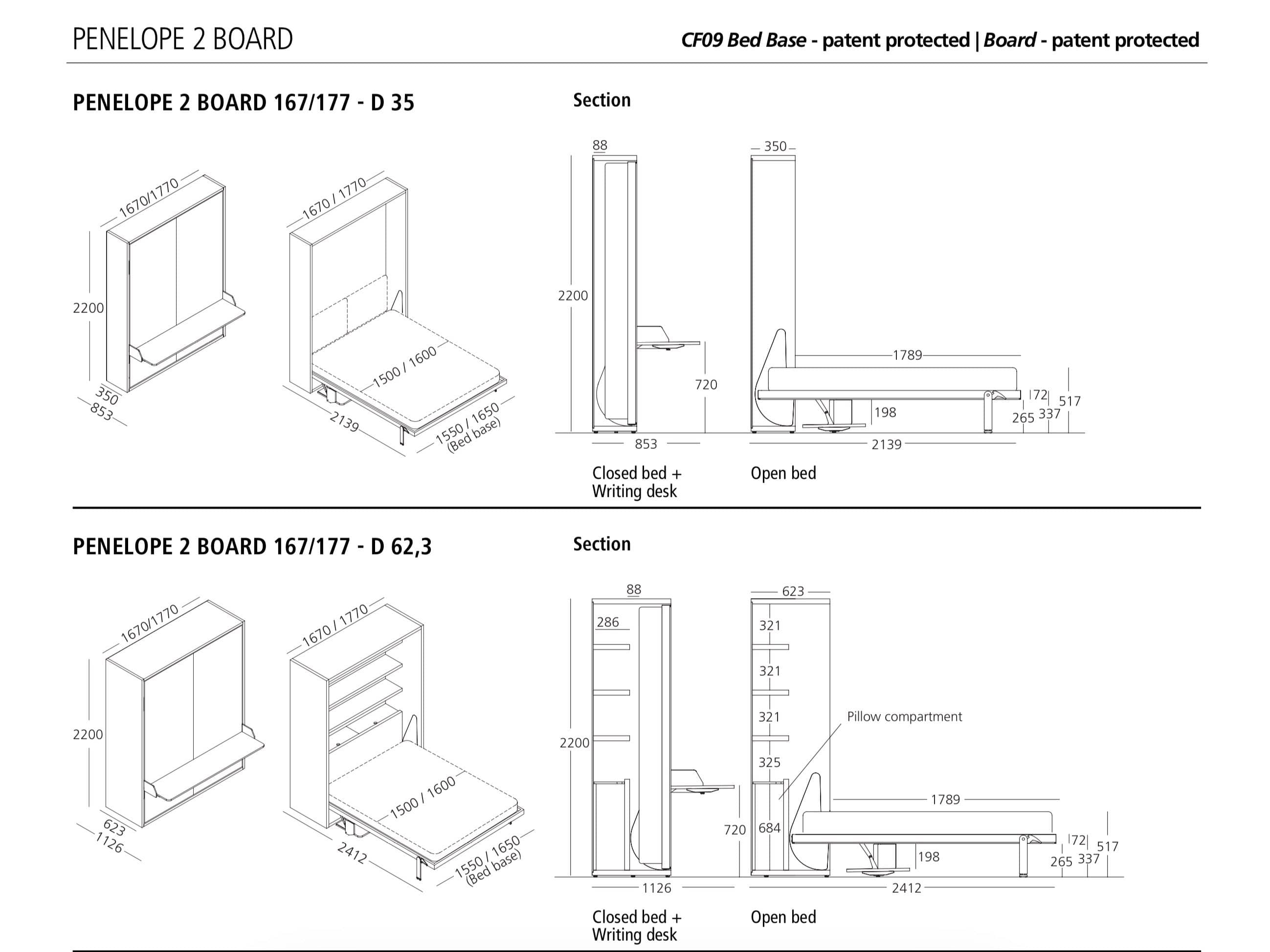 Penelope 2  Board, Wall bed - Bonbon Compact Living