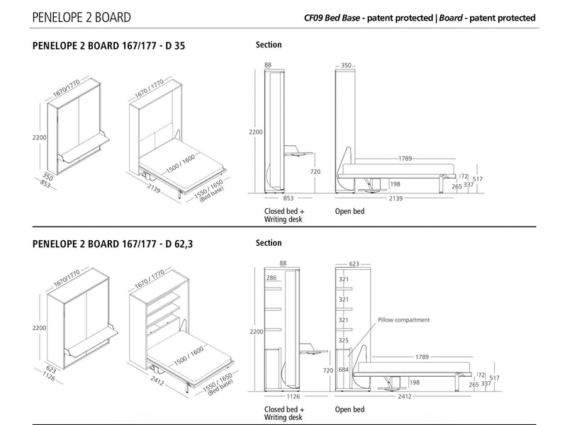 Penelope 2  Board, Wall bed - Bonbon Compact Living