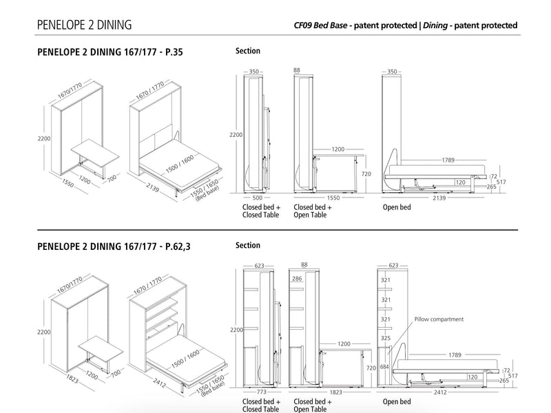 Penelope 2 Dining, Wall bed - Bonbon Compact Living