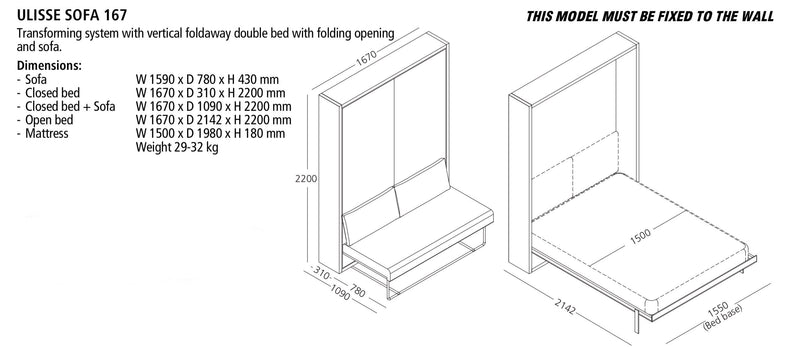 Ulisse 167 Sofa, Wall bed - Bonbon Compact Living